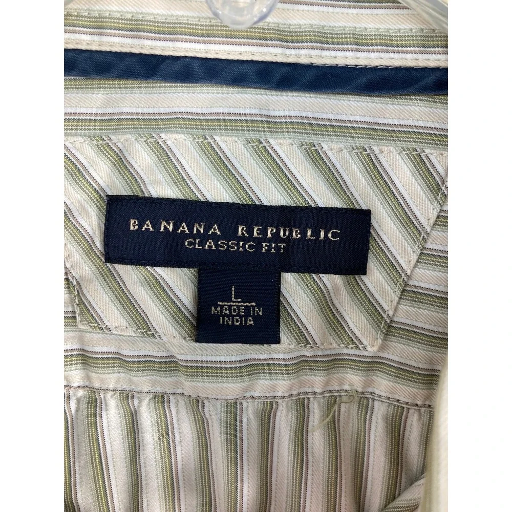 Banana‎ Republic Button Up Shirt Mens Large Green Tan Striped Classic Fit Cotton